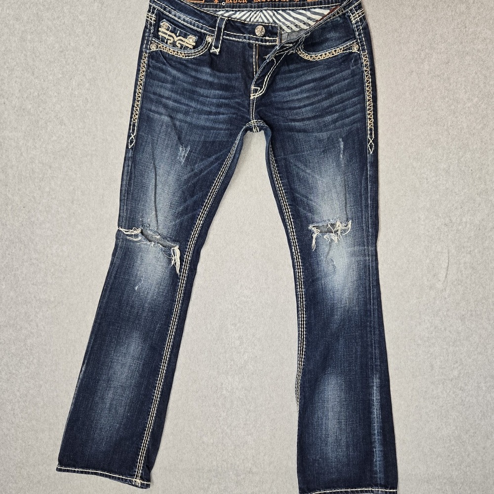 Rock Revival Women Jeans 29 Blue Denim Embroidered Kai Boot Flap Pocket 32"